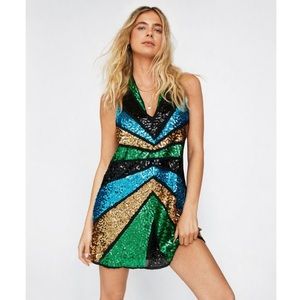 Nasty Gal Sequin Colorblock Plunge Mini Dress